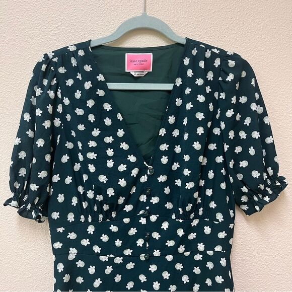 Kate Spade Dark Green Floral Dot Dress Button Front 10 - Picture 3 of 9